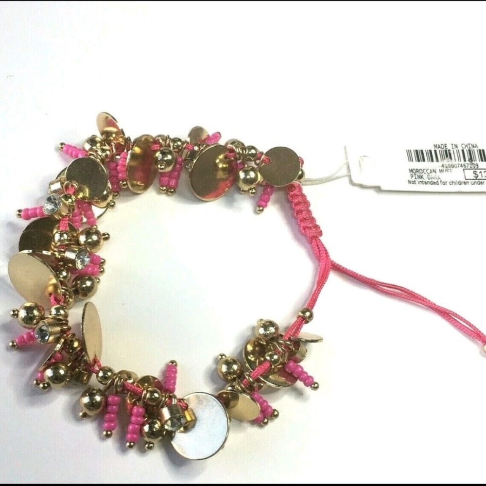 Charming Charlie Fuschia And Gold Tone Macrame Dangle Beaded Bracelet